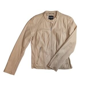 Express Womens Tan Faux Leather Moto Jacket Quilted Shoulder Beige Large 90170